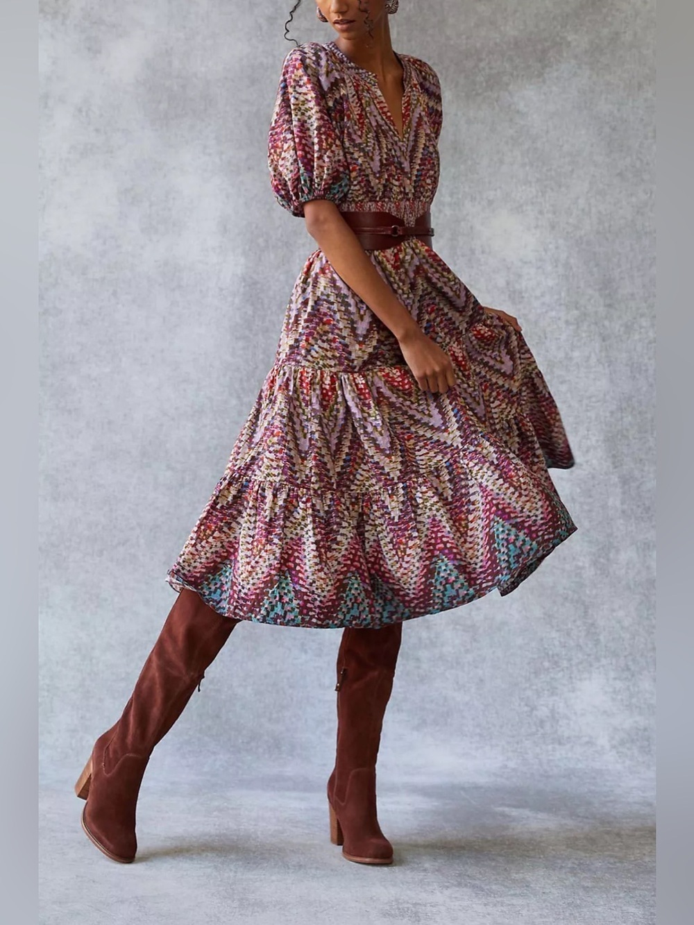 Conditions Apply Printed Puff-Sleeved Midi Dress Smocked Elastic Anthropologie